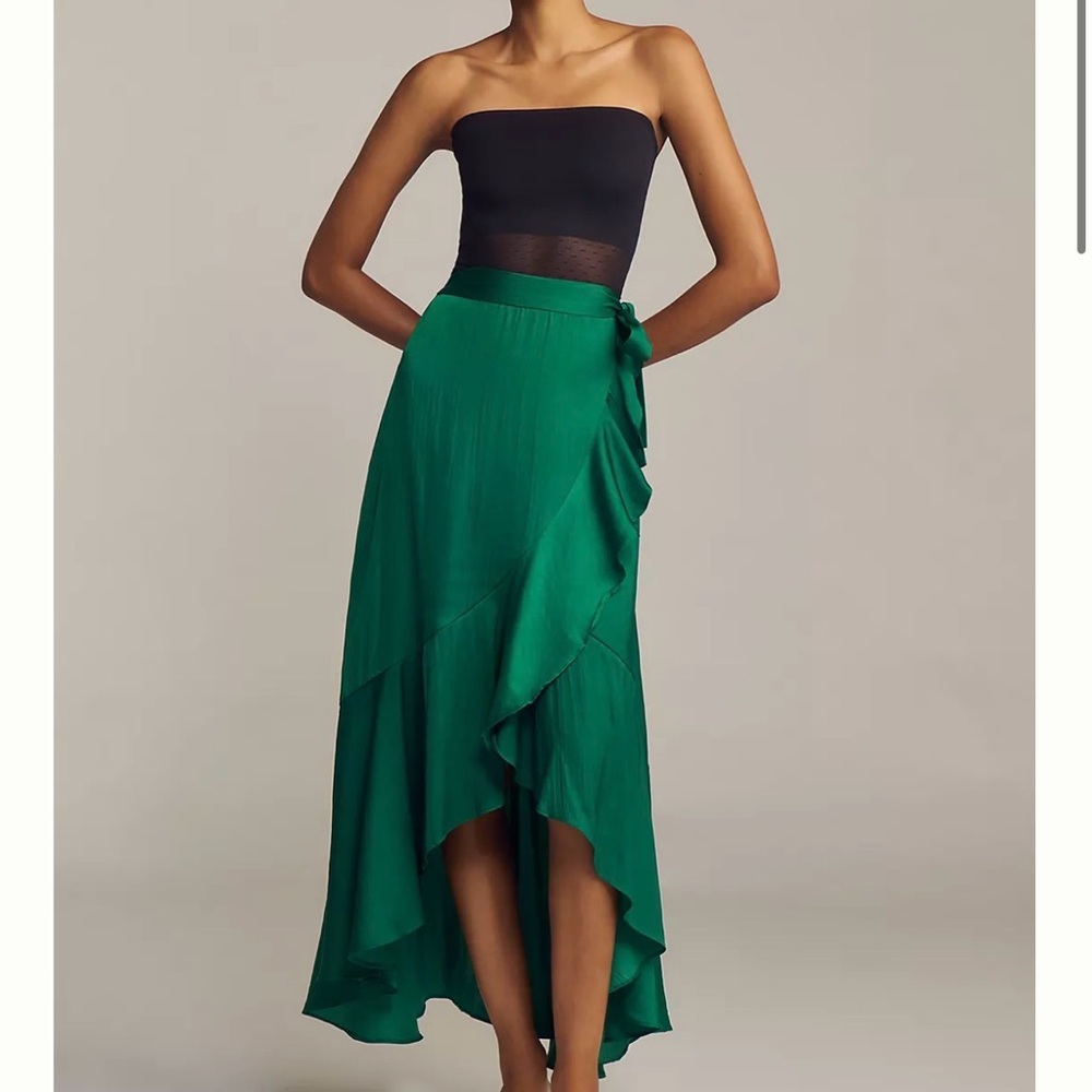 New NWT Anthropologie Maeve ruffled wrap maxi skirt green bow extra small silky